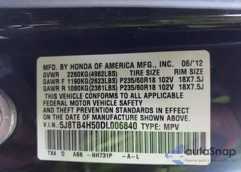 2013 Acura Rdx from USA, damaged, VIN 5J8TB4H50DL006840